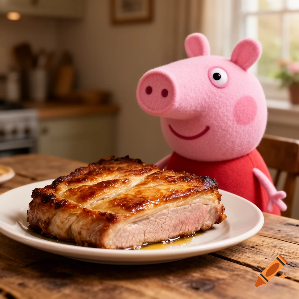 A Peppa Pig plush toy stands behind a plate of cooked pork on a rustic wooden table.