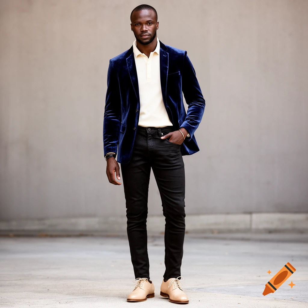 A stylish Black man stands in a blue velvet blazer, off-white polo, black jeans, and beige derby shoes against a grey wall.