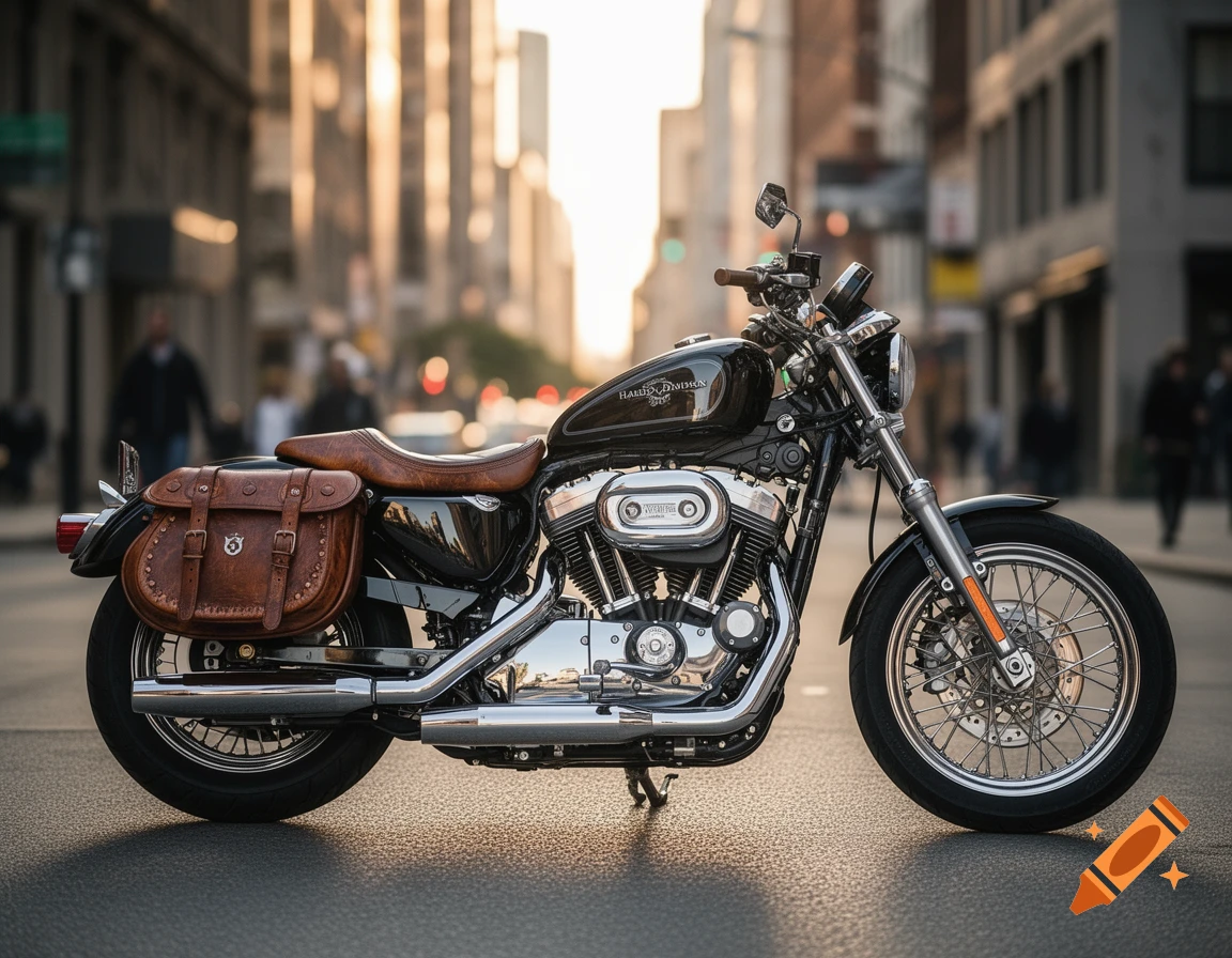 A black Harley Davidson motorcycle with a brown leather seat and saddlebag parked on a city street at sunset.