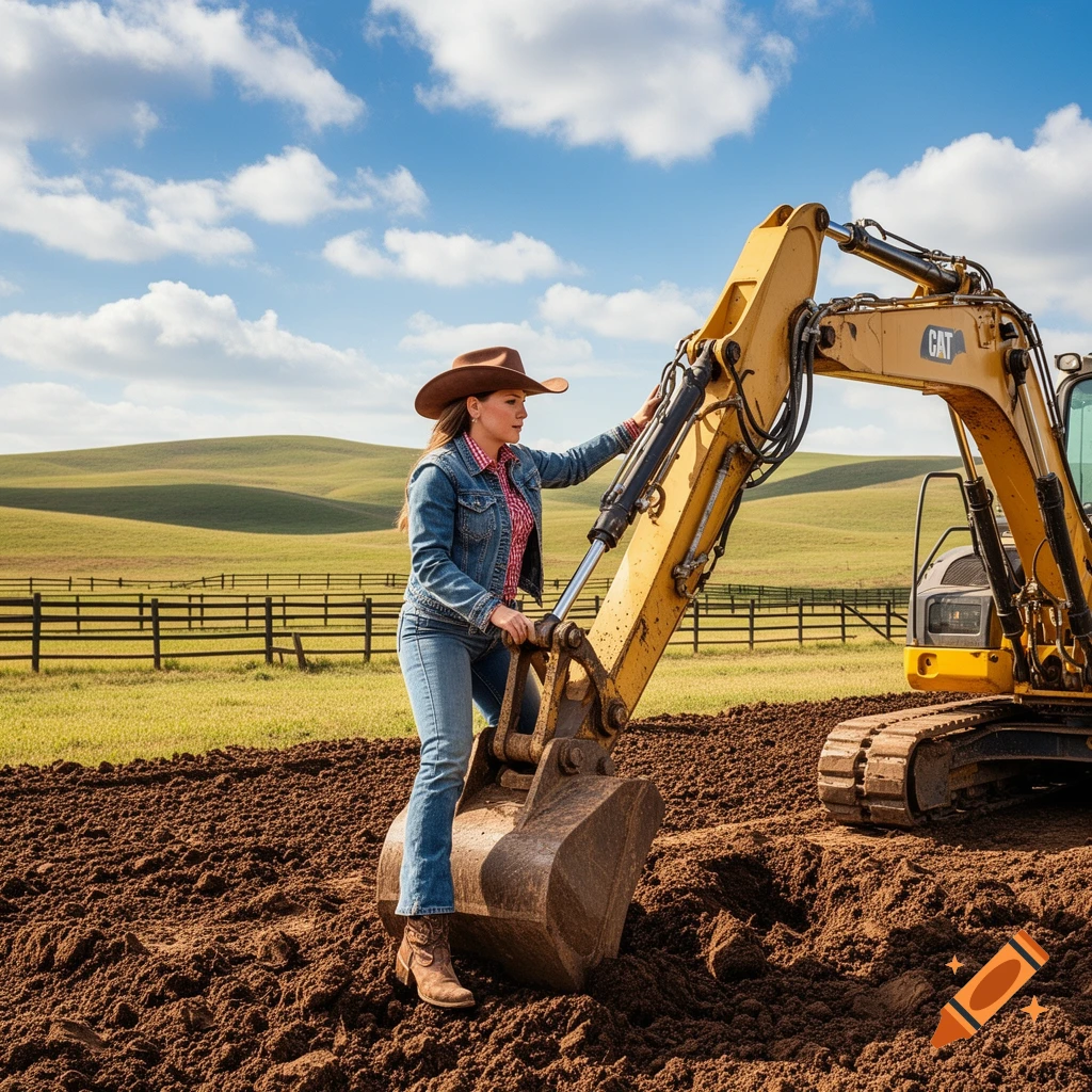 A cowgirl in a denim jacket and cowboy hat stands on the bucket of a yellow excavator in a field, with rolling hills and a fence in the background.