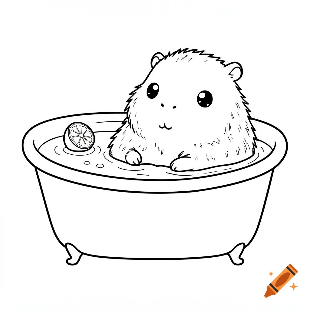 Kawaii line art coloring page of a fluffy capybara with big eyes taking a bath with a lemon slice in a tub.