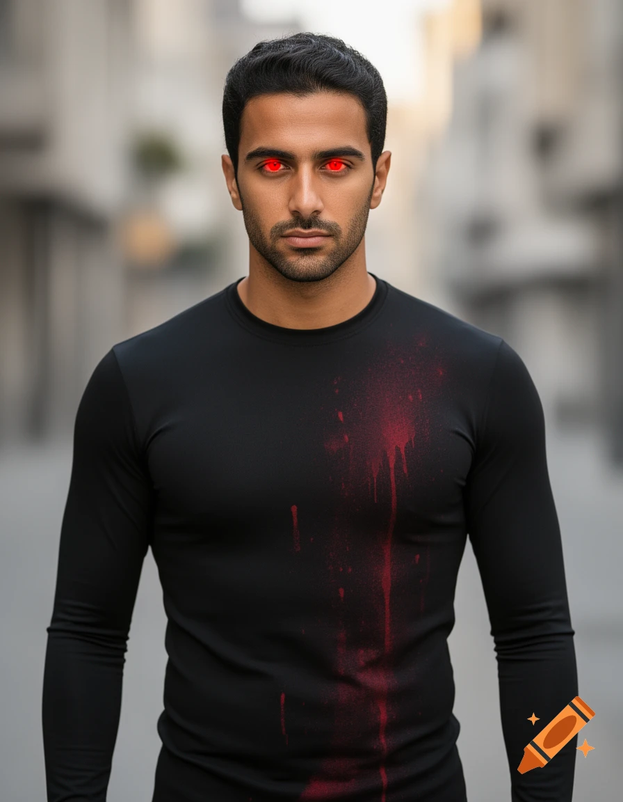 A man with tan skin, glowing red eyes, and a black long-sleeved shirt with red stains on the chest, looking directly at the viewer.
