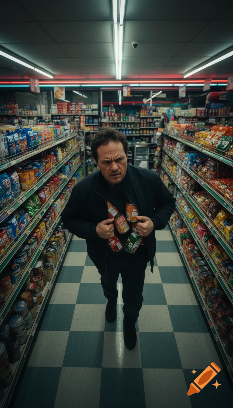 A man with a tense expression shoplifts items, hiding them in his jacket while walking down an aisle in a convenience store. Photorealistic, cinematic.