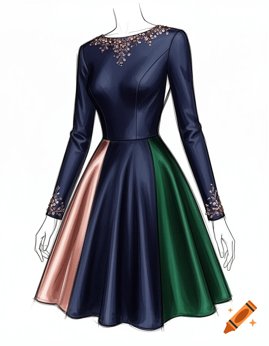 Fashion sketch of a long-sleeved dress with a boat neck, beadwork, and a paneled skirt in navy, rose gold, and dark green.