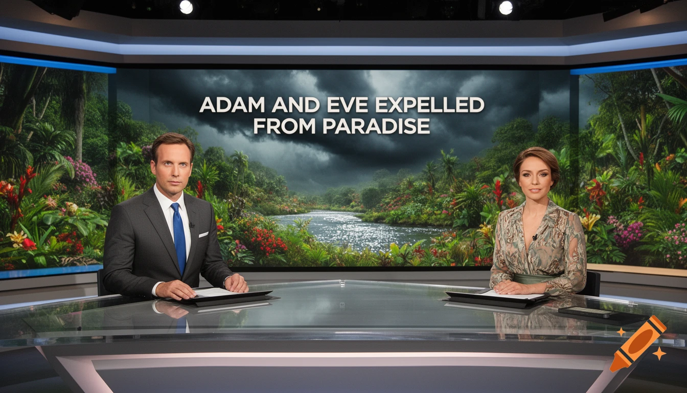 Two news anchors, a man and a woman, sit at a desk in a studio with a screen displaying 'ADAM AND EVE EXPELLED FROM PARADISE' over a lush jungle.