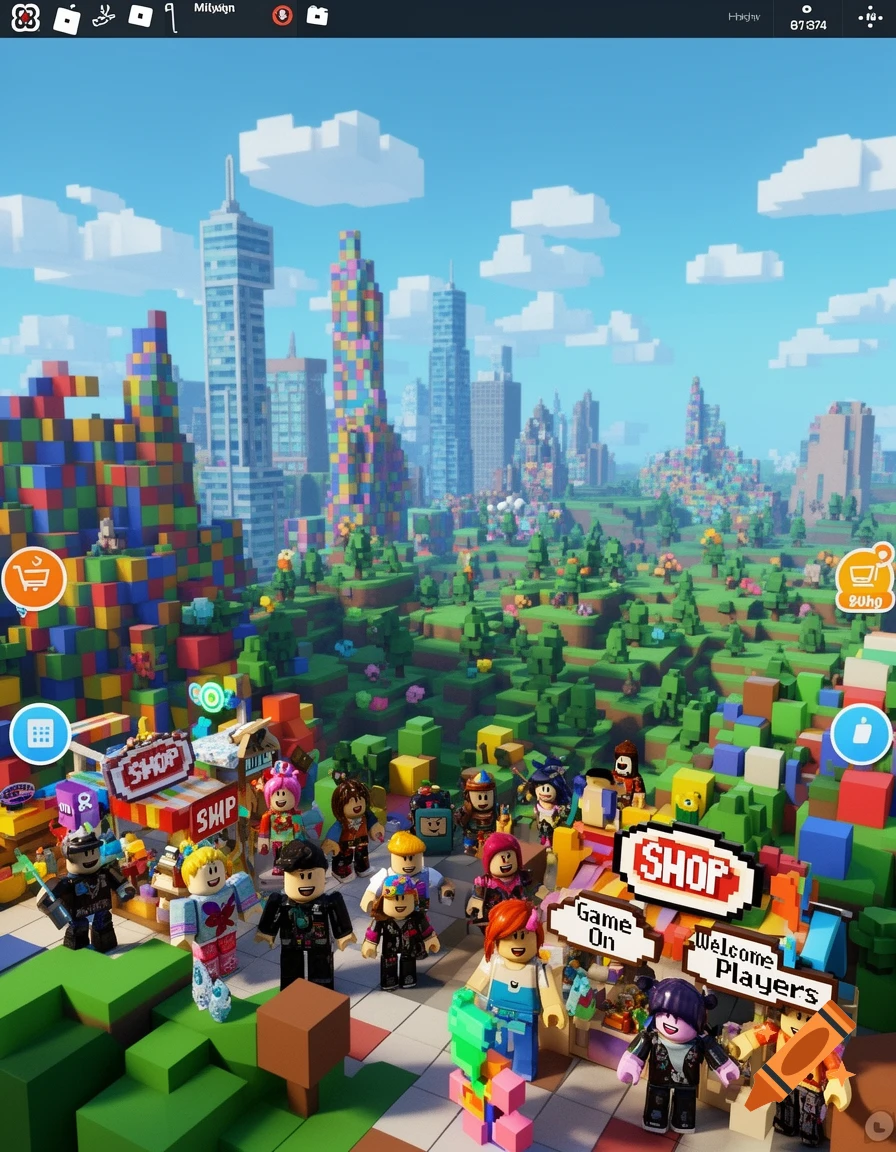 A vibrant voxel art cityscape with Roblox-style characters around market stalls, featuring signs like "SHOP" and "Welcome Players".