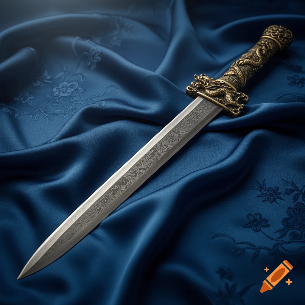 An ornate ancient Chinese sword with a bronze hilt featuring dragon carvings and a patterned blade, resting on draped blue silk fabric.