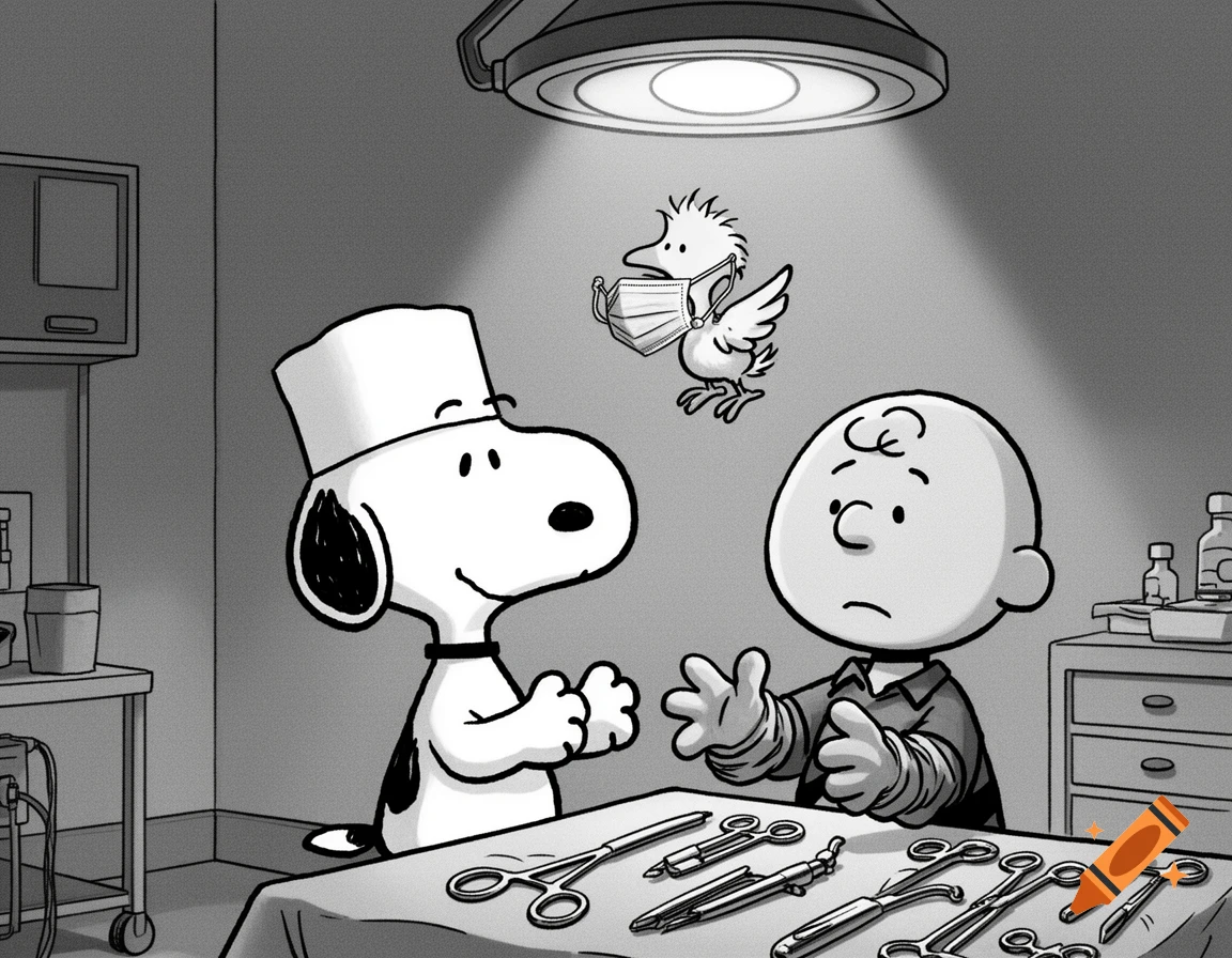 Black and white cartoon of Snoopy as a surgeon, Charlie Brown in gloves, and Woodstock in a mask in an operating room with surgical tools.