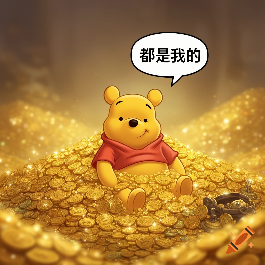 Winnie the Pooh sitting happily on a huge pile of sparkling gold coins, with a speech bubble saying 'It's all mine'.