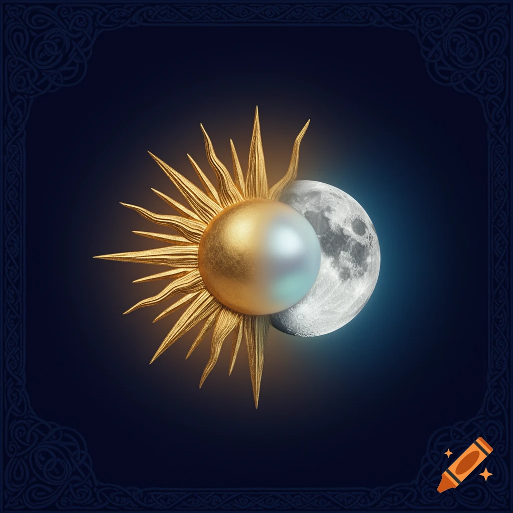A stylized golden sun and a grey moon merged with a luminous pearl at the center, framed by an ornate Celtic border.