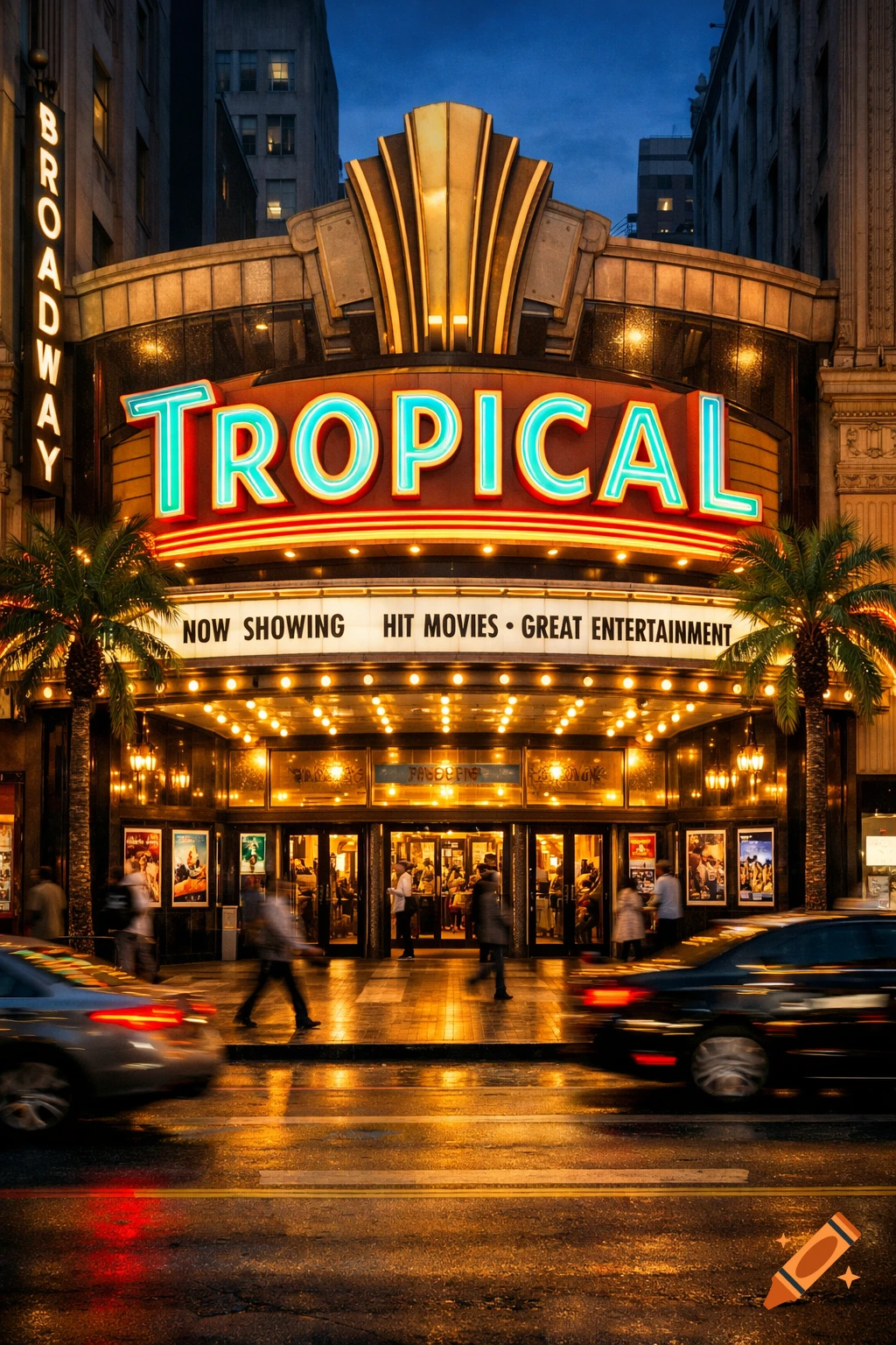 A neon-lit art deco movie theater named Tropical on Broadway at night, with palm trees, pedestrians, and cars on a wet street.