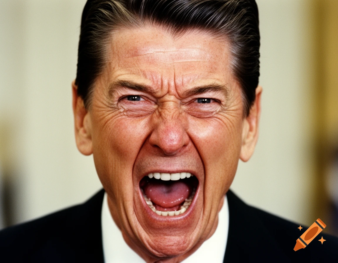 Photorealistic close-up portrait of Ronald Reagan screaming in rage, his face contorted with anger.