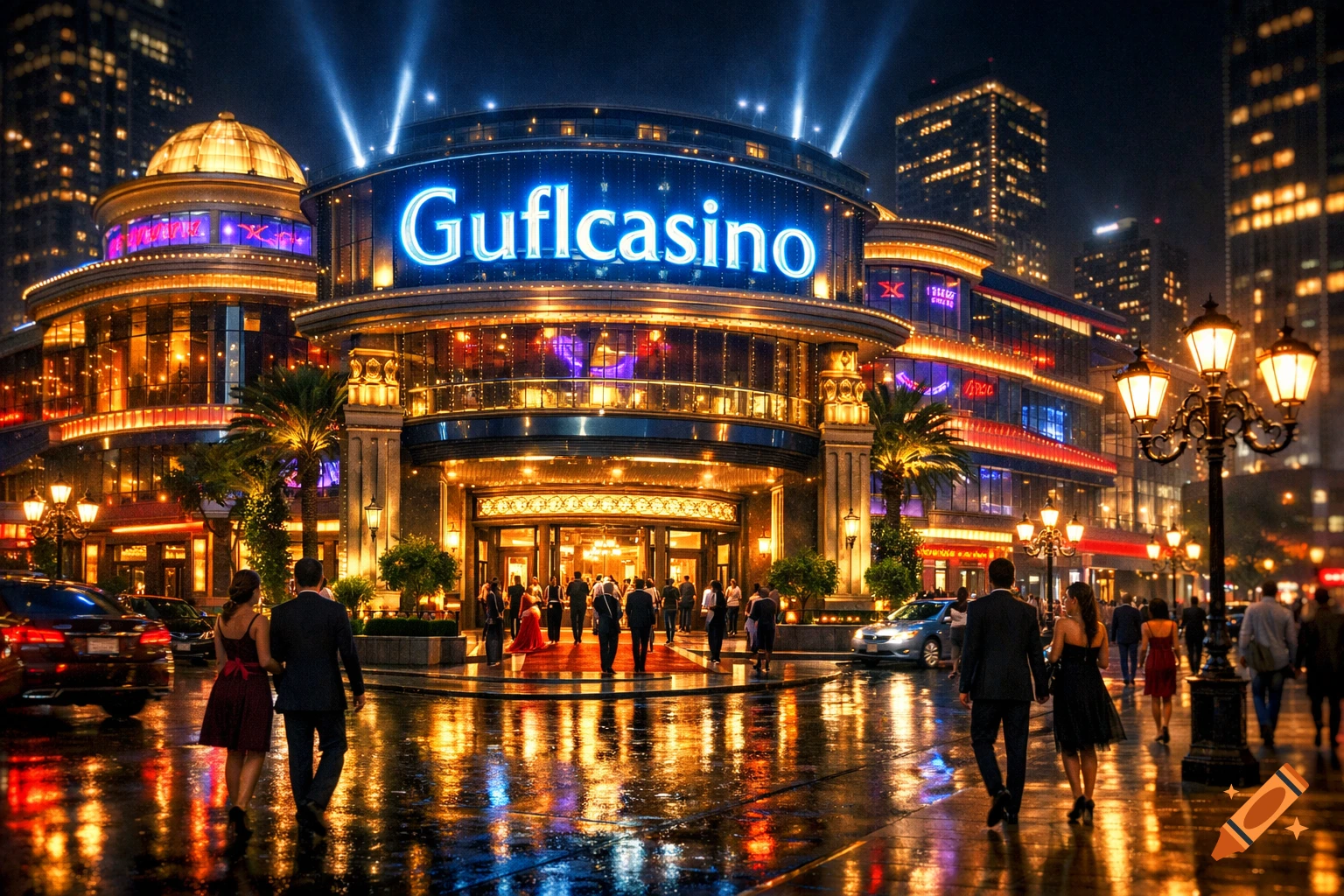 A brightly lit casino building with "Guflcasino" in neon, reflecting on a wet street where people walk at night. Photorealistic.