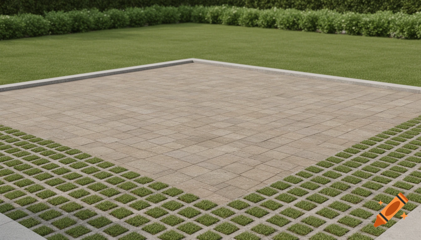 A rectangular patio made of square pavers, bordered by grass grid stones, with a lawn and hedges.