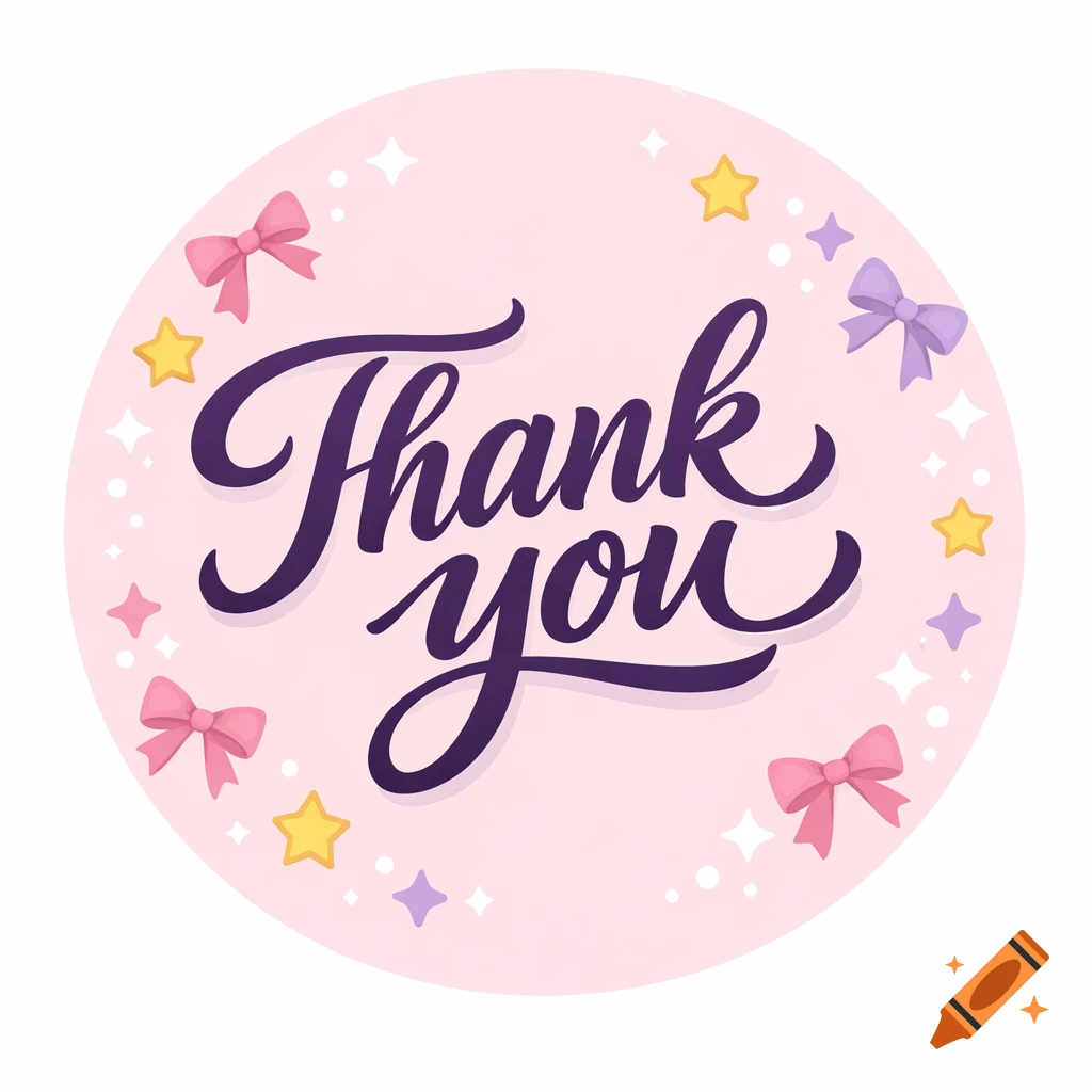 Circular illustration with 'Thank you' in dark purple script on light pink, surrounded by bows, stars, and sparkles.