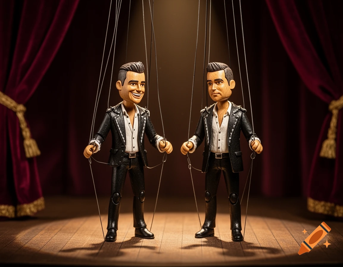 Two male marionettes, dressed in black suits, stand on a dimly lit wooden stage with red curtains.