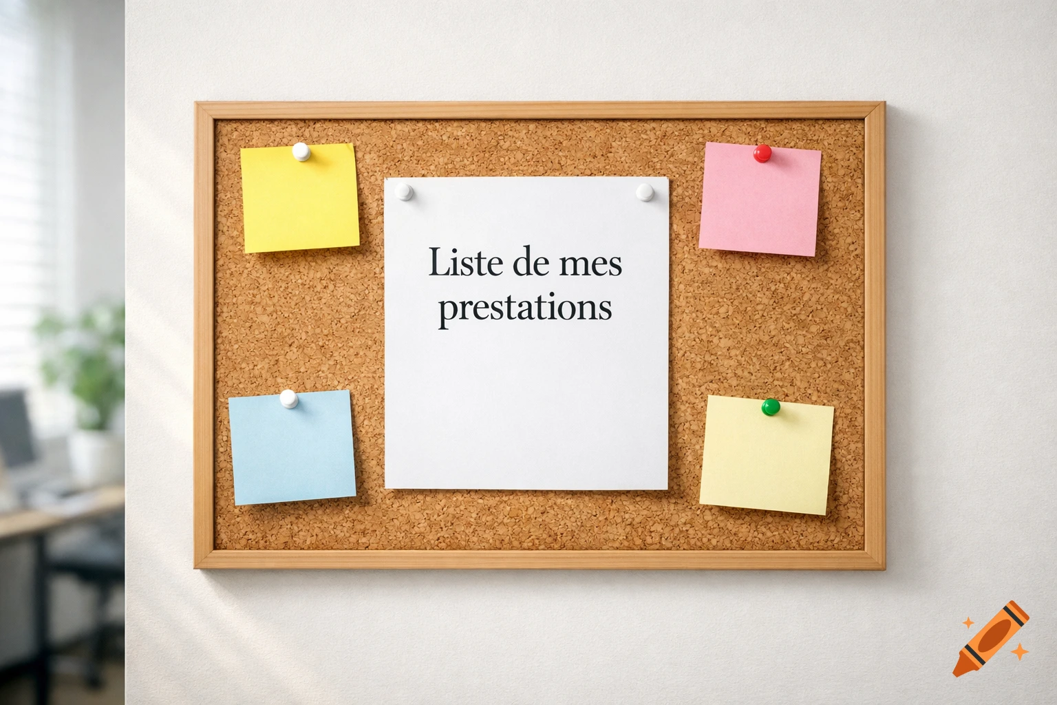 A cork board with a central white note reading "Liste de mes prestations" and four colorful sticky notes pinned to a wall in an office.