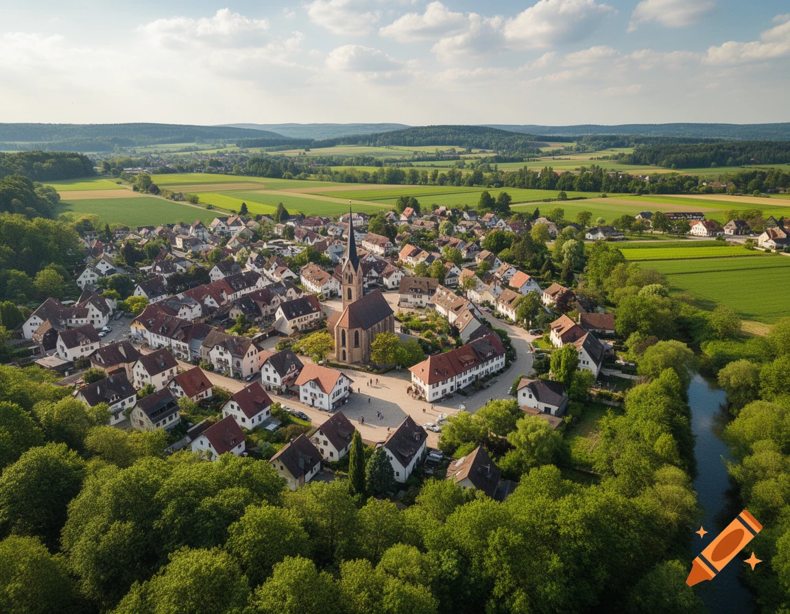 Aerial view of a charming village with a prominent church steeple, surrounded by lush green fields, forests, and a winding river under a partly cloudy sky.