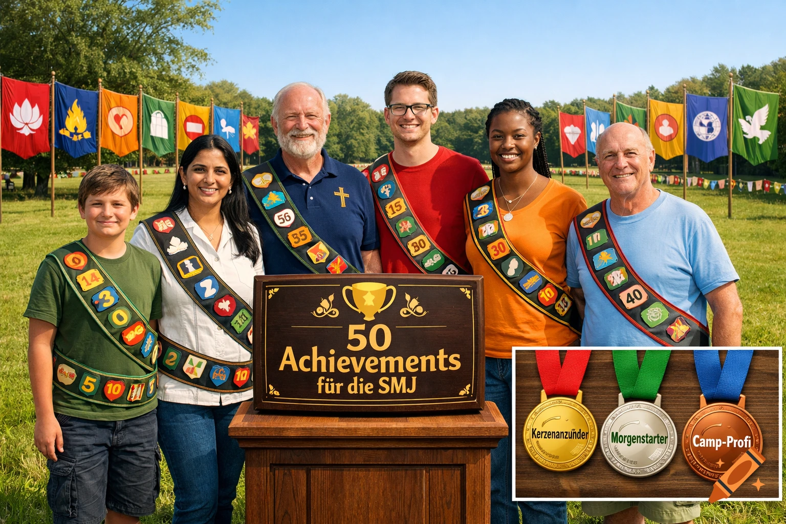 A diverse group of five adults and one child smile, wearing sashes with achievement badges, standing behind a wooden sign that reads "50 Achievements für die SMJ" (50 Achievements for the SMJ). In the foreground are three medals: gold for "Kerzenanzünder", silver for "Morgenstarter", and bronze for "Camp-Profi". Colorful flags line the background in a grassy field.
