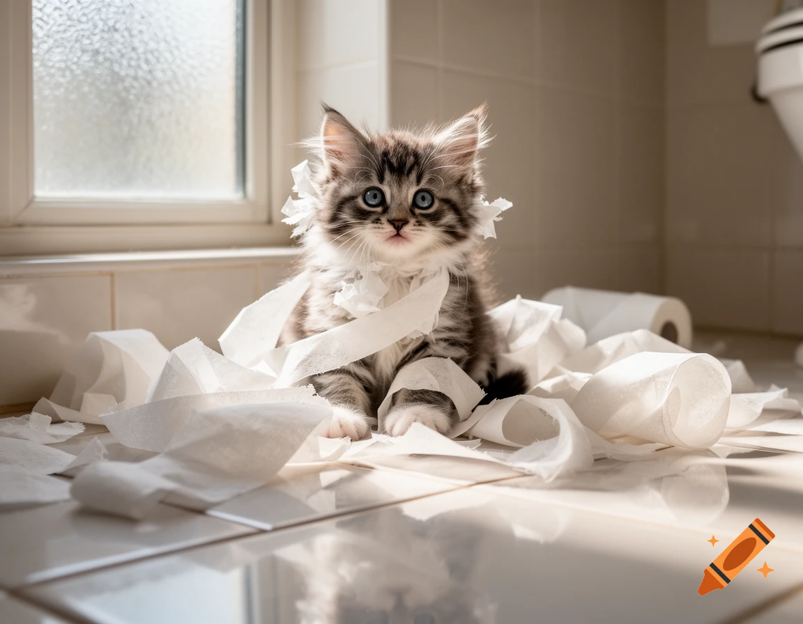 A fluffy tabby kitten with wide blue eyes sits among shredded toilet paper on a bathroom floor, looking playfully guilty.