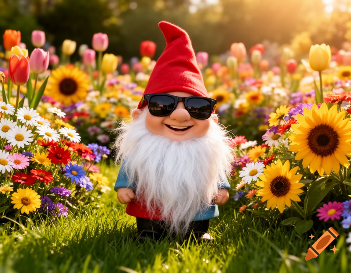 A happy garden gnome with a big white beard and red hat, wearing sunglasses, smiles in a vibrant flower garden under bright sunlight.