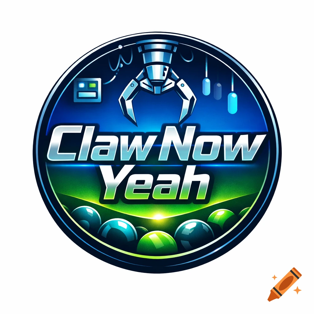 Circular logo for 'Claw Now Yeah' featuring a metallic arcade claw over glowing blue and green balls, set against a blue-green gradient background.