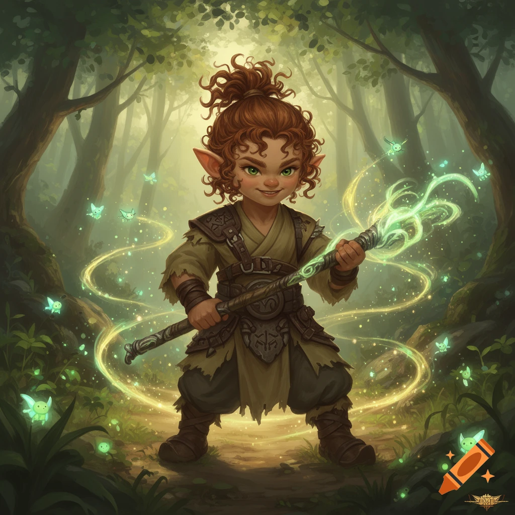 A stylized young gnome-like character with curly red hair and green eyes stands in a vibrant forest, holding a glowing magical staff amidst fireflies.