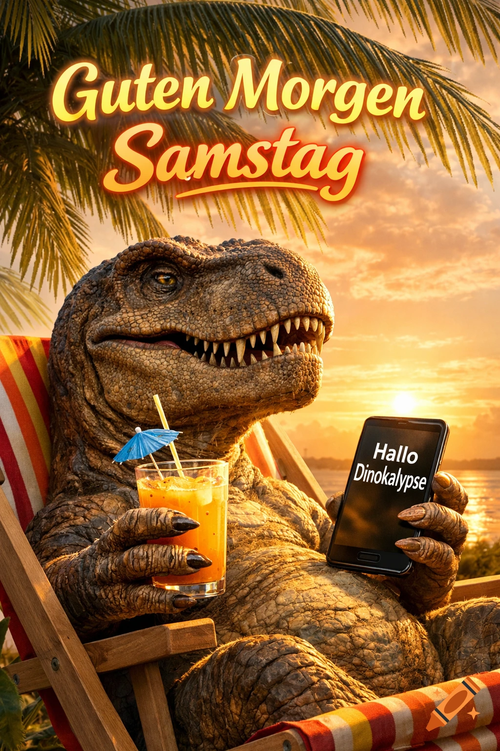 A T-Rex in a striped beach chair holds a cocktail and a phone showing 'Hallo Dinokalypse' under a tropical sky with 'Guten Morgen Samstag' text.