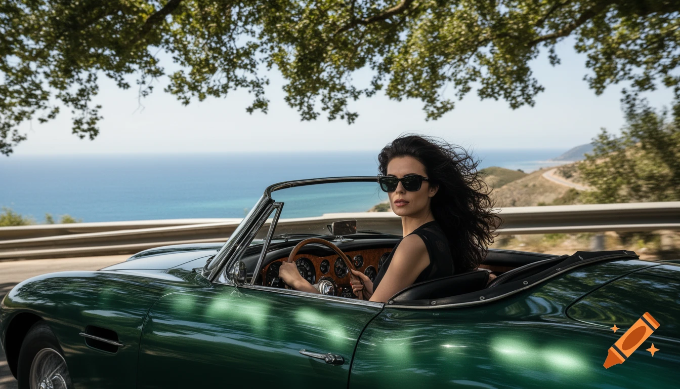 A woman in sunglasses drives a green classic convertible on a coastal ...