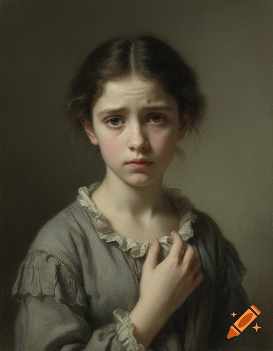 A classical oil painting portrait of a young girl with dark hair, looking sad, wearing a grey ruffled dress, with her hand on her chest.