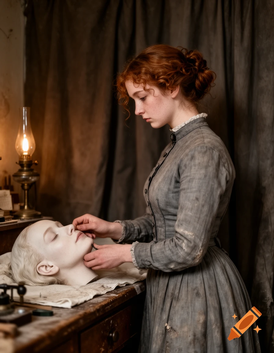 A young woman with red hair in a grey dress carefully works on a pale mannequin head on a wooden table in a dimly lit, somber room, 1890s style.