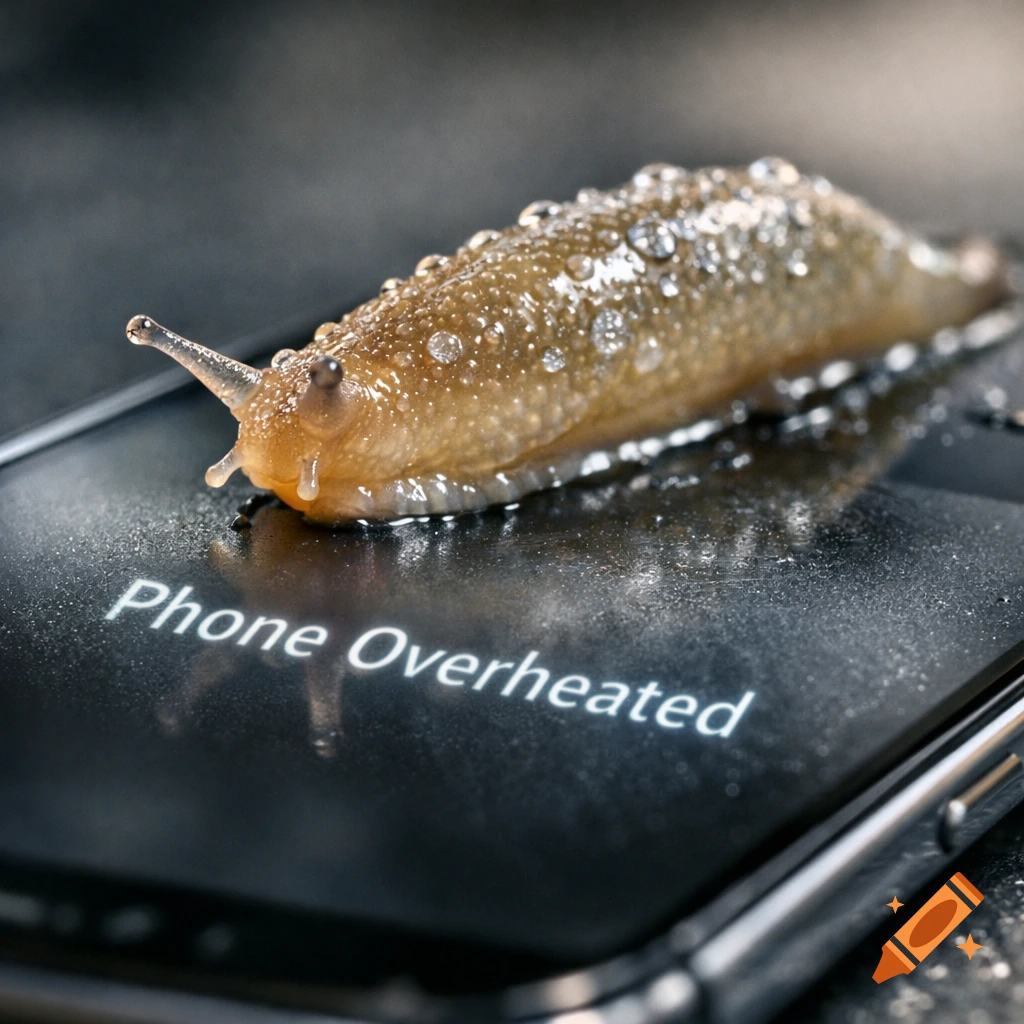 A close-up, photorealistic image of a wet slug covered in water droplets crawling on a smartphone screen displaying "Phone Overheated".