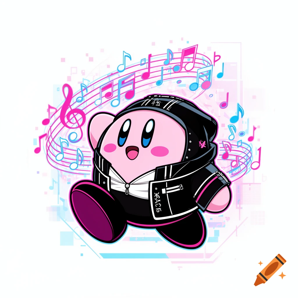 Pink Kirby in a black jacket running amidst floating pink and blue musical notes, with digital elements in the background.