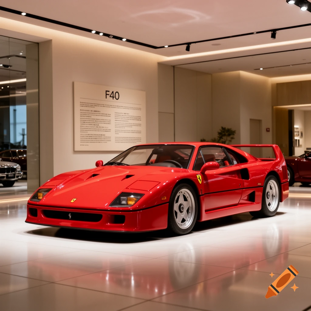 A red Ferrari F40 sports car is prominently displayed in a brightly lit, modern showroom with white walls and a reflective floor.