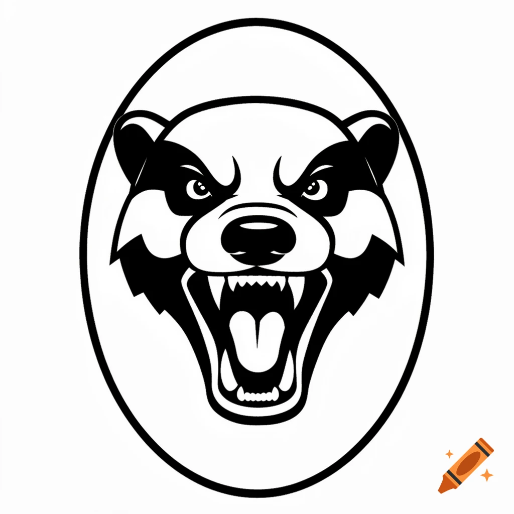 A vectorized black and white illustration of an aggressive honey badger head, mouth open with fangs, within an oval outline.