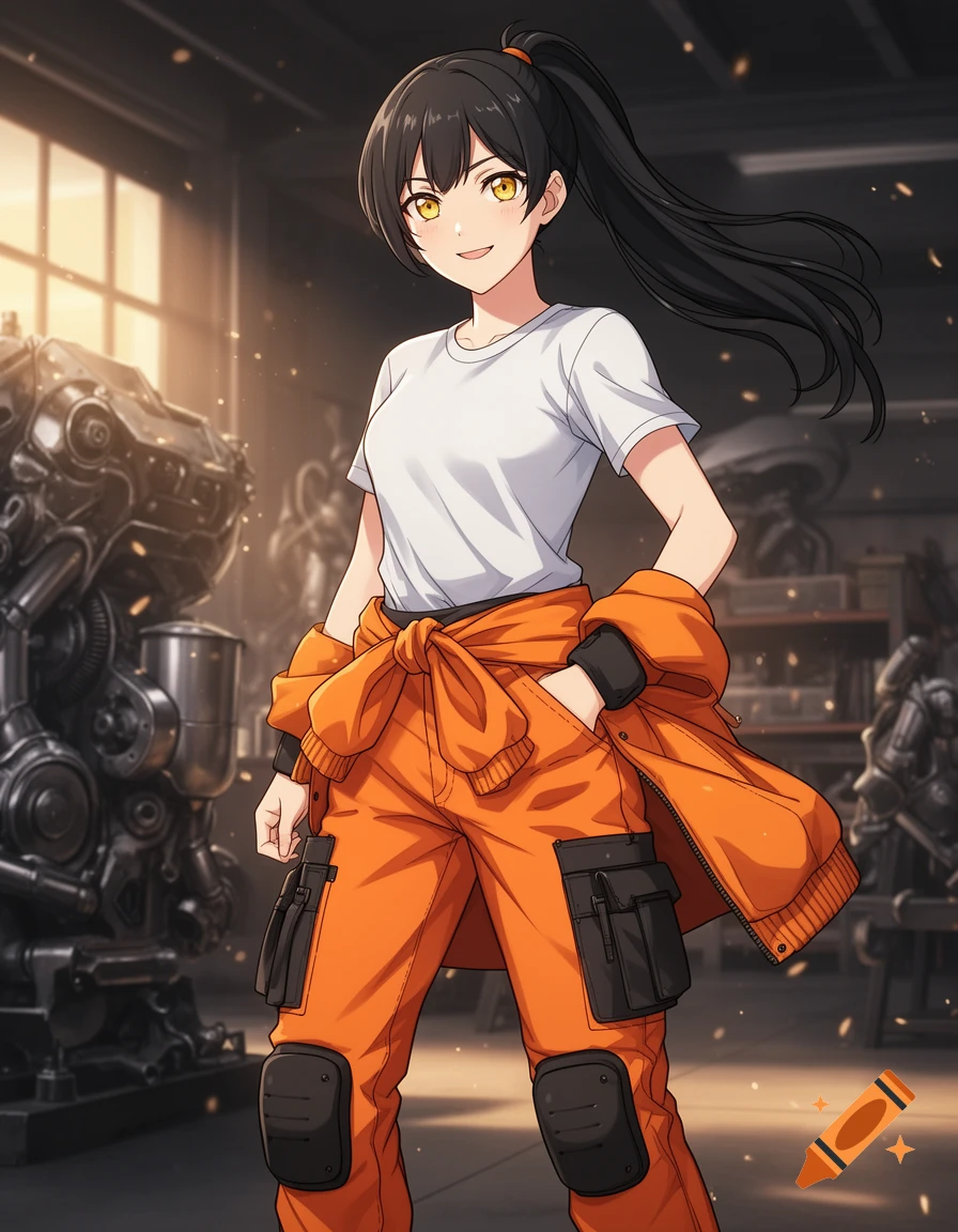 An anime girl with black ponytail, yellow eyes, in a white t-shirt and orange work pants with a jacket tied at waist, stands smiling in a workshop.
