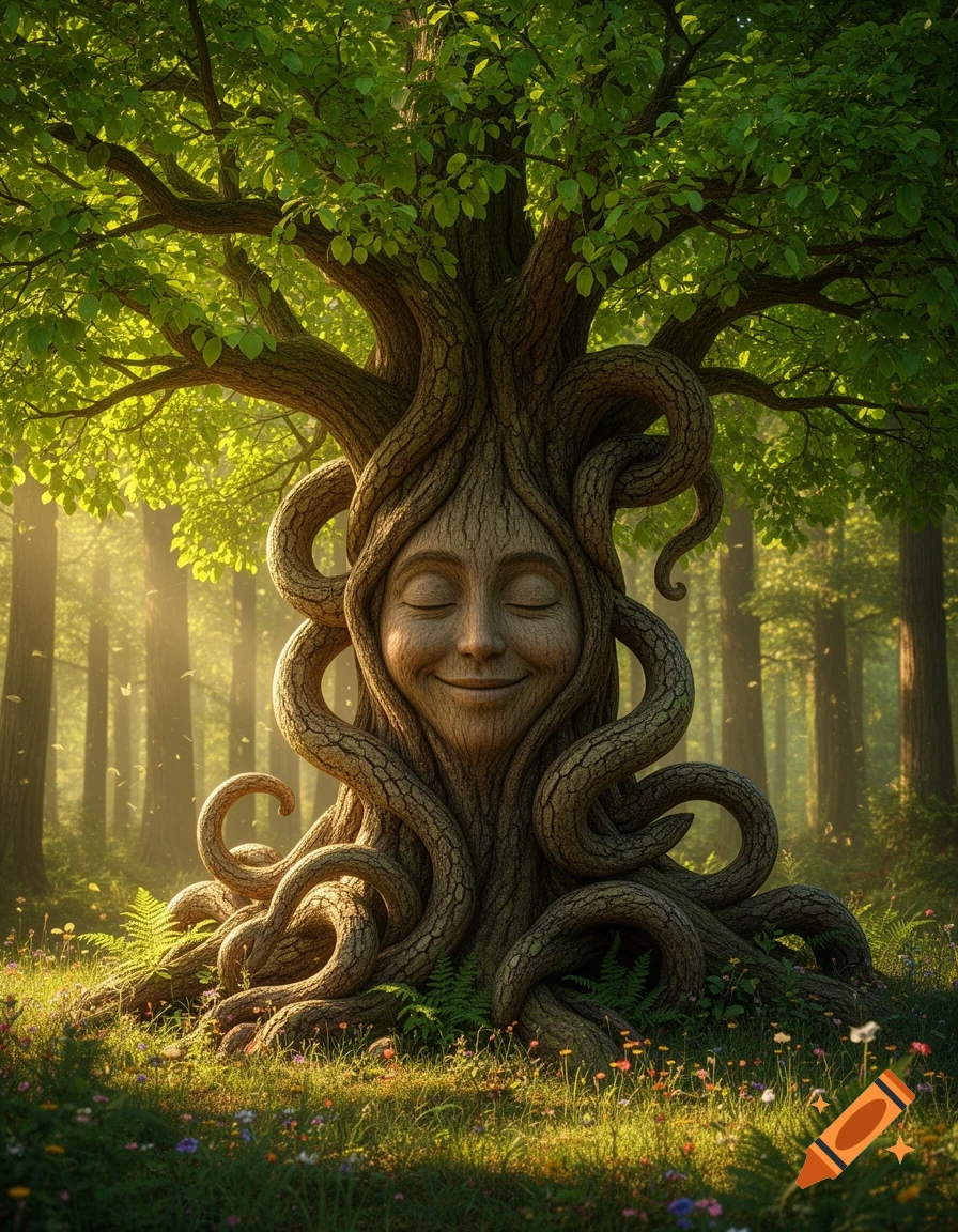 A mystical tree with a serene, human-like face and swirling roots, basking in sunlight within a lush forest with wildflowers.