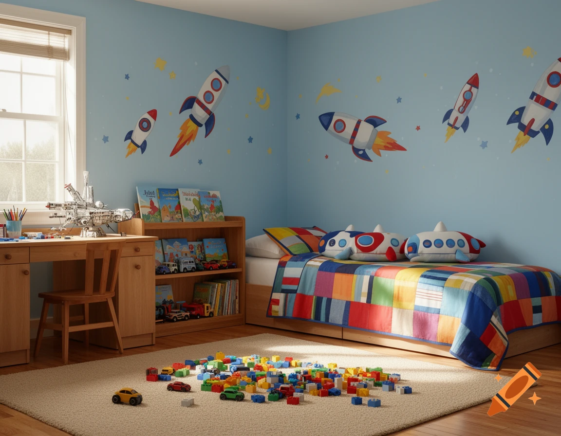 A colorful child's bedroom with space-themed rocket decals on blue walls, a bed with a patchwork quilt, and scattered building blocks on a rug.