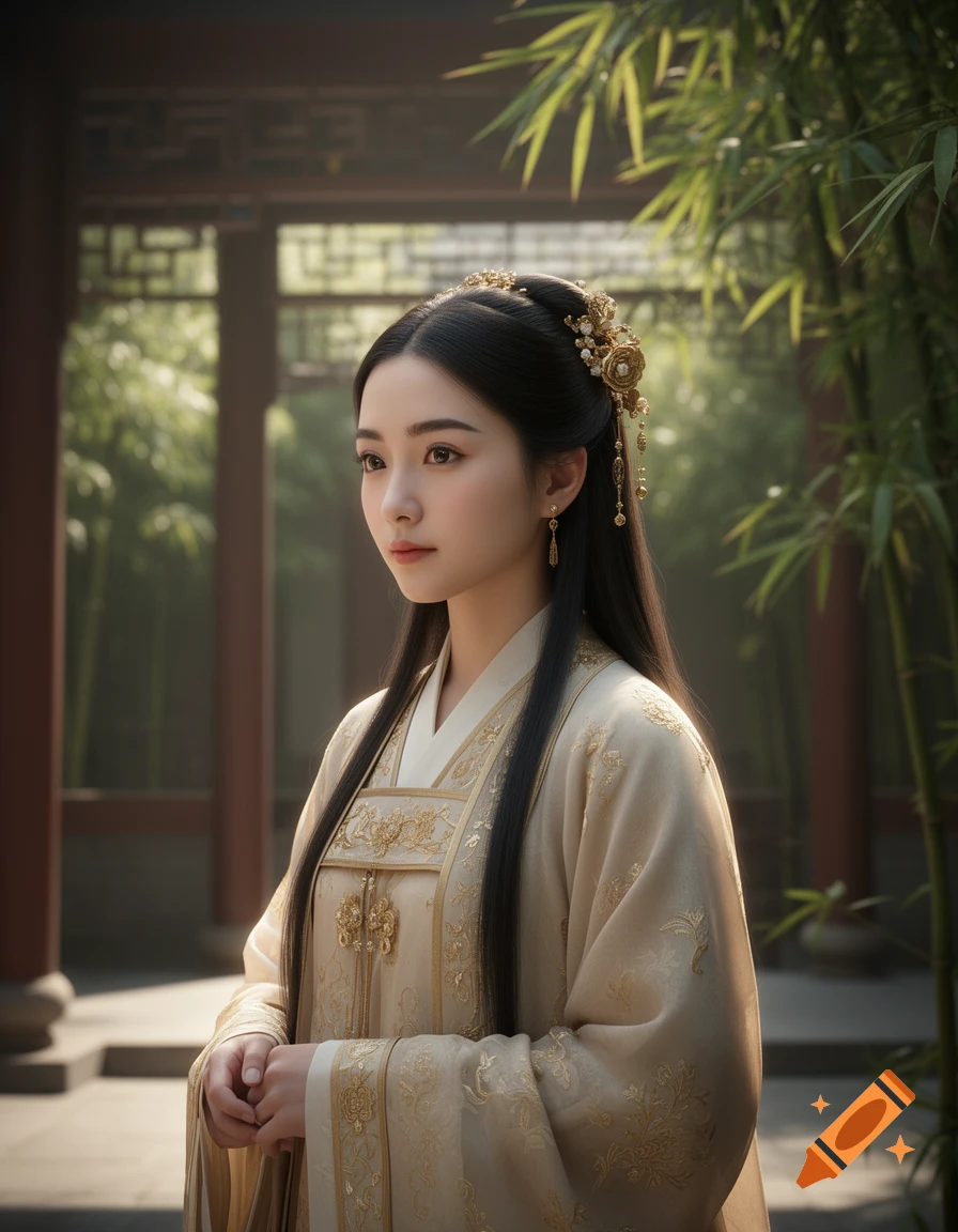 A beautiful young woman in traditional elaborate beige and gold Chinese clothing, with long black hair and golden ornaments, stands in a bamboo garden.