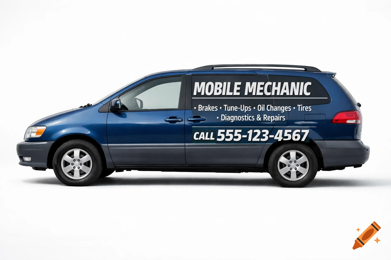 A blue Toyota Sienna minivan with 'MOBILE MECHANIC' and service list 'CALL 555-123-4567' on its side, white background.