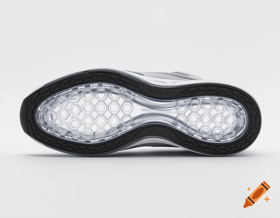 Underside view of a shoe sole with a transparent hexagonal honeycomb structure and black rubber trim.