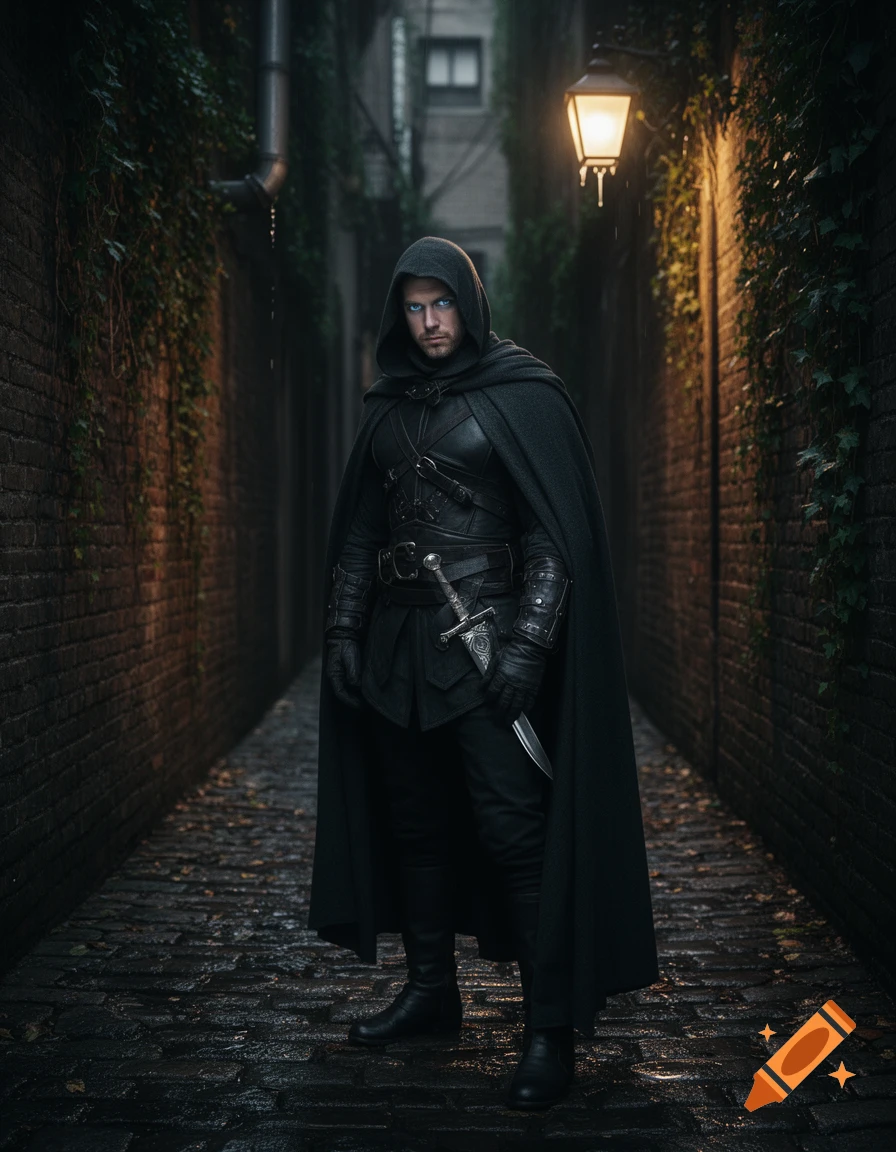 A mysterious hooded rogue with glowing blue eyes, dressed in dark leather armor, stands in a wet, cobblestone alleyway lit by a single lantern.