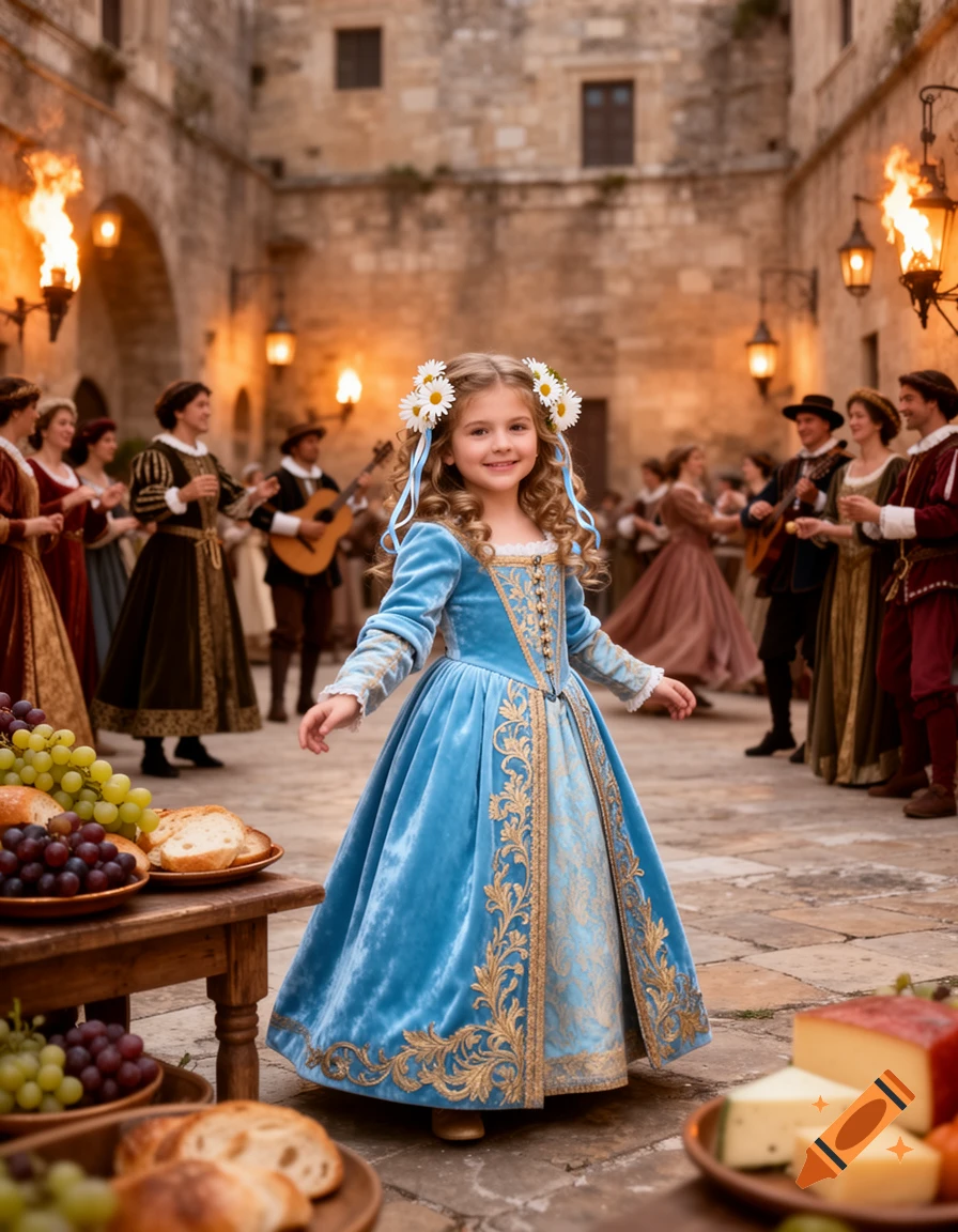 A cute girl in a blue and gold renaissance dress with daisy flowers in her hair smiles at a lively historical outdoor celebration.