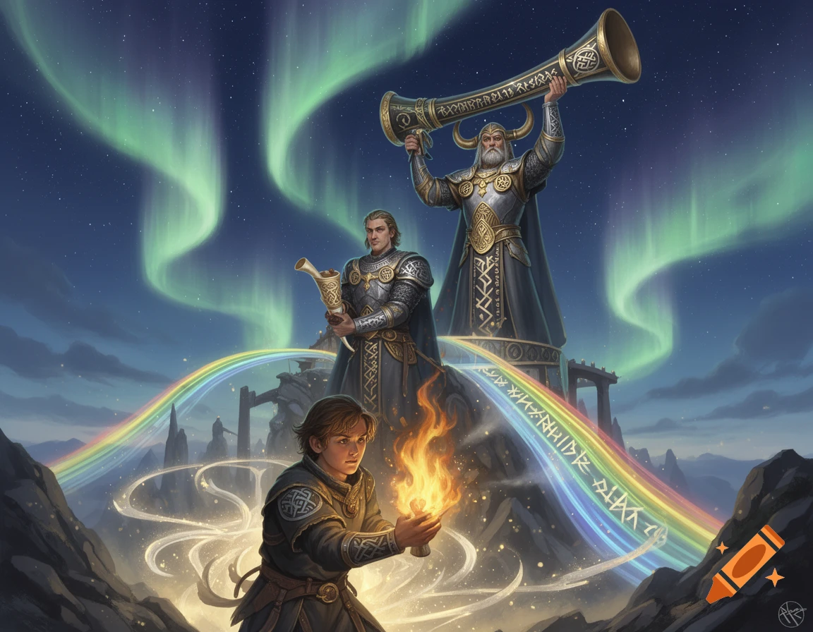Three figures in a mystical Norse fantasy scene under northern lights and a rainbow. A young apprentice with fire, a horn-bearer, and a warden with a large Gjallarhorn stand on a mountain with runes.