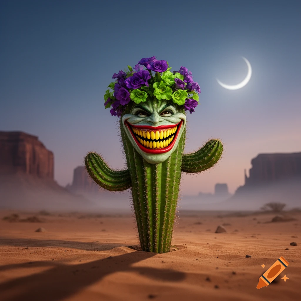 A desert scene features a cactus with the grinning face of the Joker, adorned with purple and green flowers, under a crescent moon.