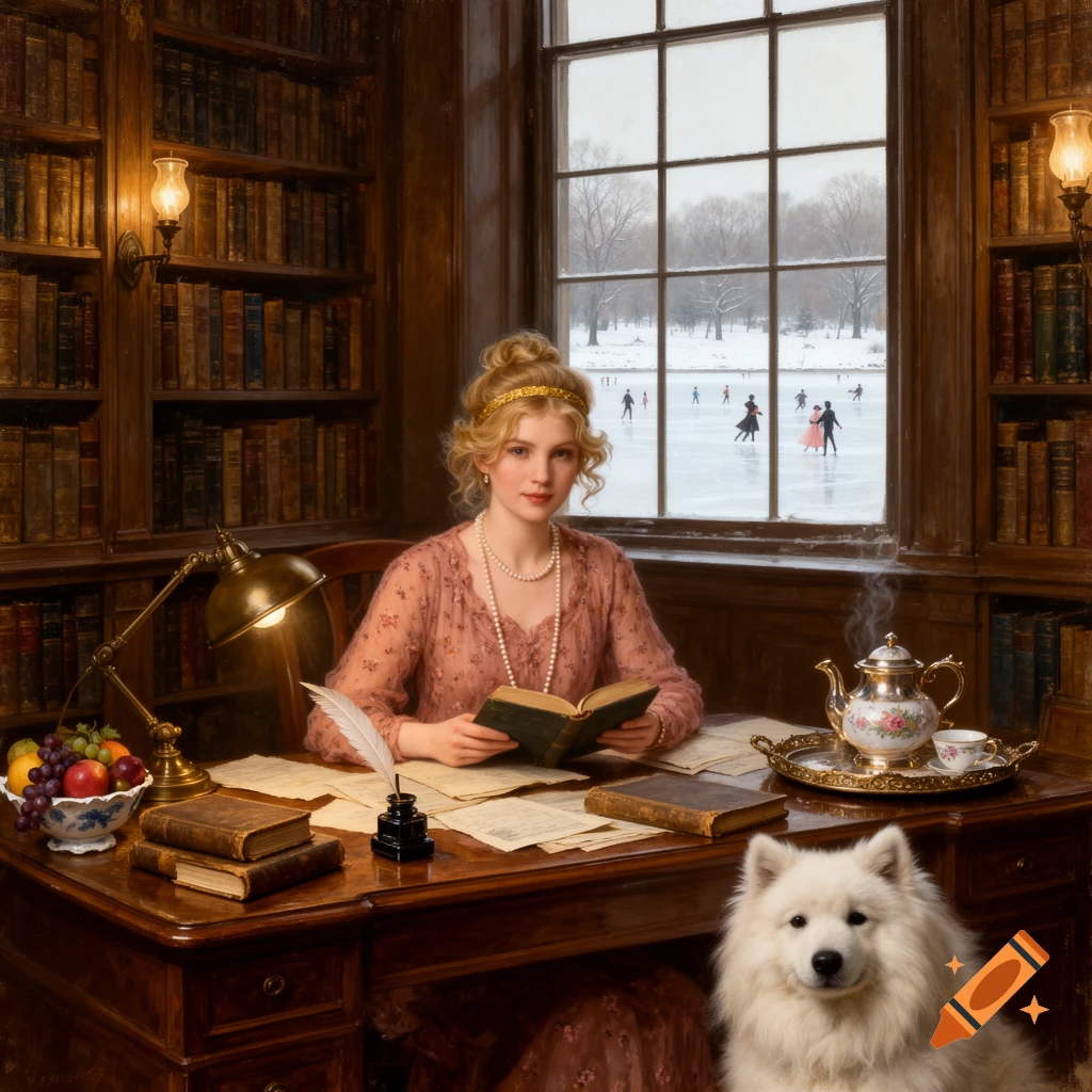A classical oil painting depicts a young woman reading at a wooden desk in a grand library, a white Samoyed dog sits by her feet. Outside a large window, people ice skate on a frozen lake in a snowy park.