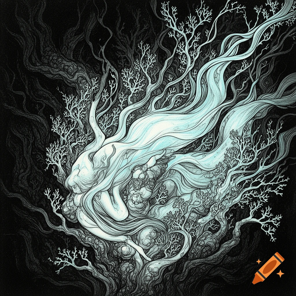 Ethereal figure intertwined with intricate, flowing white branches and roots against a dark background, in a linocut style with light cyan accents.