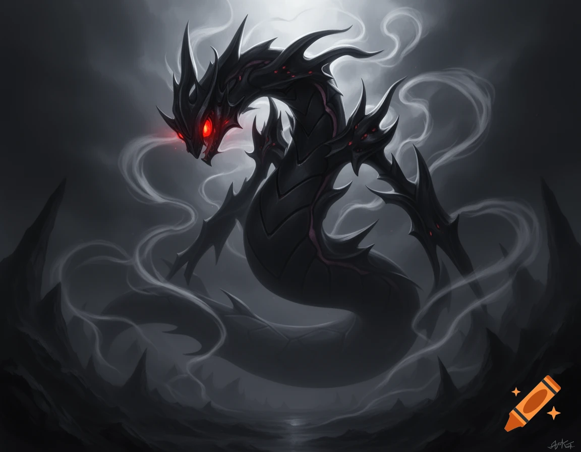 A menacing black serpentine dragon with red glowing eyes and spikes ...