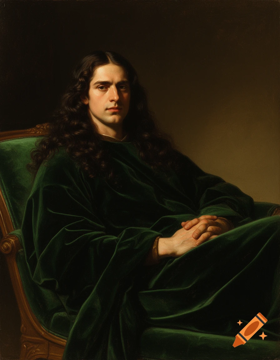 Museum-quality oil painting of a man with long dark wavy hair, reclining on an emerald velvet chaise-longue, hands clasped, in a classical chiaroscuro style.
