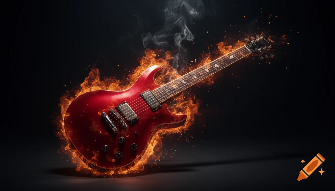 Hyperrealistic red electric guitar burning with bright flames and sparks against a dark background, with smoke rising.